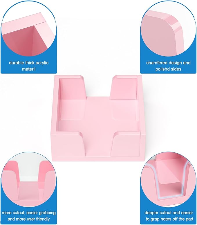 WINFFOR Acrylic Notepad Holder Dispenser - 3x3 in Sticky Note Memo Holder for Desk Organizer (W/O Pads) Office Desk Accessories School Supplies, Lightpink