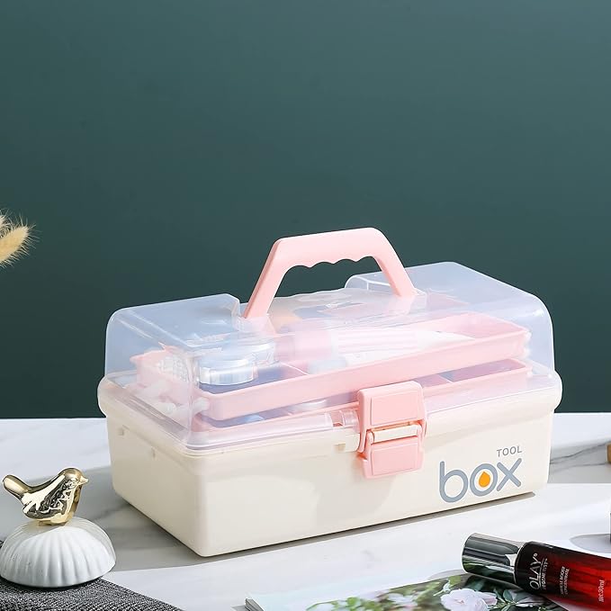 12'' Three-Layer Clear Plastic Storage Box/Tool Box, Multipurpose Organizer and Portable Handled Storage Case for Art Craft and Cosmetic (White)