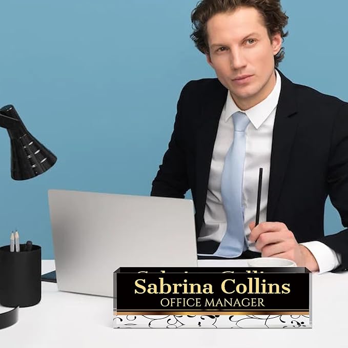 Name Plate for Desk, Desk Name Plate Personalized, Office Decor for Women Men, Acrylic Desktop Accessories, Office Appreciation Gifts for Boss Social Workers Nurse Teacher Employee (Black Stripes)