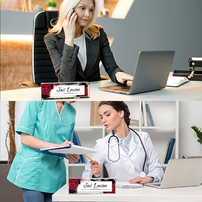 Custom Name Plates for Desks, Desk Decor, Personalized Desk Gifts, Office Desk Name Plate Personalized, Name Tags, Desk Accessories for Men or Women, Acrylic Name Plate for Desk(Red Rose) 731