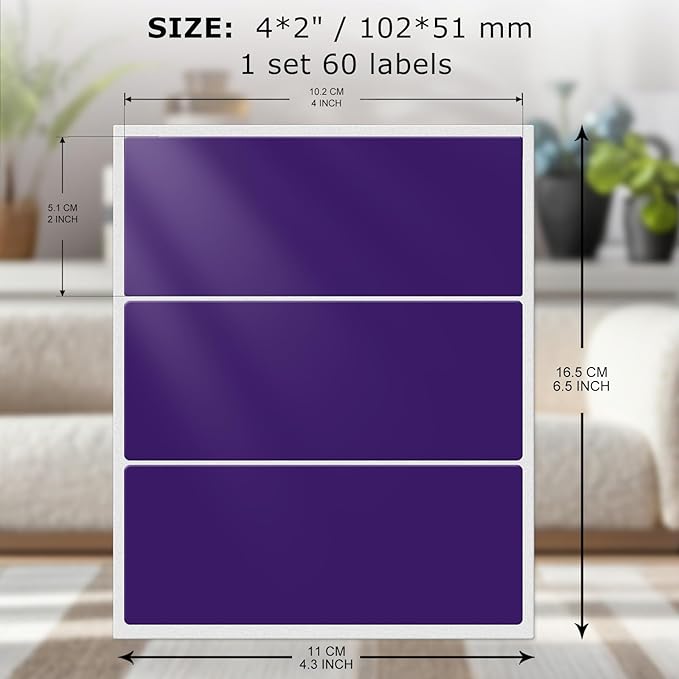 FINDAT Color Coding Stickers Rectangle 4×2 Inch Vinyl Purple Sticker Removable Waterproof Writable File Folder Moving Labels for Boxes Home Office Marking 60 PCS