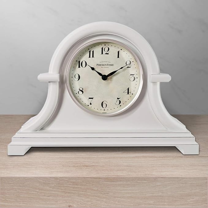Presentime & Co. Mantel Clock Vintage Farmhouse Series, Napoleon Desk & Shelf Clock, 13 x 10 inch, Domed Lens, Quartz Movement, ABS Plastic Case, Gray Cream Finish (Home/Tabletop Decoration)