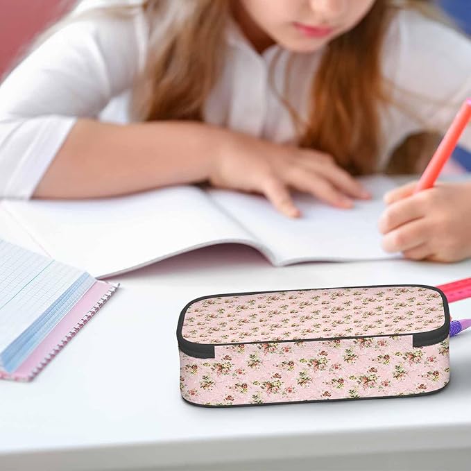 Pink Flowers Pencil Case Green Leaves Floral Retro Pencil Bag Pen Markers Pouch Holder Organizer for Boy Girl School Students