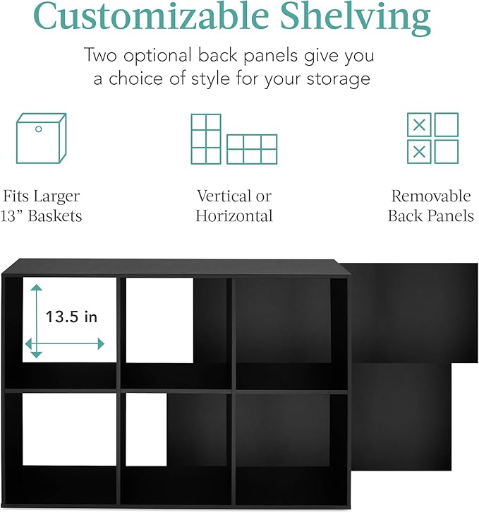 Best Choice Products 6-Cube Storage Organizer, 13.5in Shelf Opening, Bookcase, Display Shelf, Customizable w/ 3 Removable Back Panels – Black