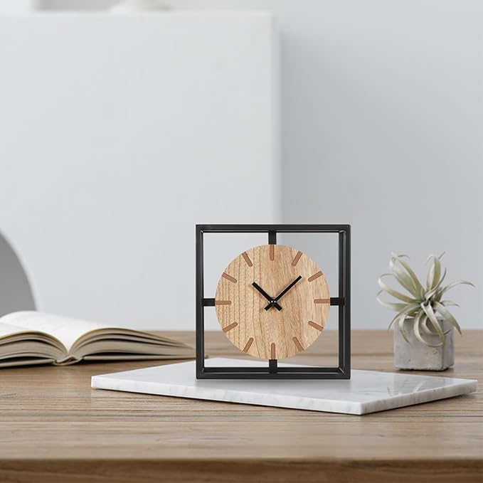 Vintage Black Table Clock on Stand, Decorative Desk and Shelf Clock, Rustic Mantel Clock Farmhouse Clock Non-Ticking