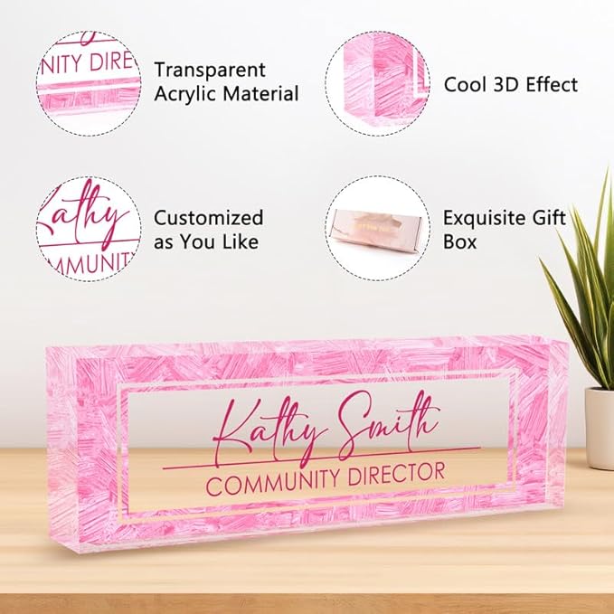 Desk Name Plate Personalized Name Plate for Desk, Office Desk Decor, 3D Style Personalized Plaque Name Plates for Desks Custom Appreciation Gifts for Boss Lady Employee Coworkers (Pink Rock)