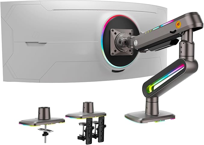 NB Designer Gaming Monitor Arm for 32 to 60 Inches Screen, Load up to 20 kg, VESA 75/100, RGB-Light, Heavy Duty, Multi Angle Adjustable, Premium Aluminum, Long Arm Extension Grey Black