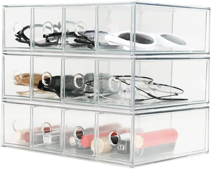 3-Pack Stackable Acrylic Storage Drawers, Desk Organizer Transparent Cosmetic Storage Boxes, 4 Compartment Design Suitable for Stationery, Dressing Table, Sunglasses, Jewelry Storage Organization