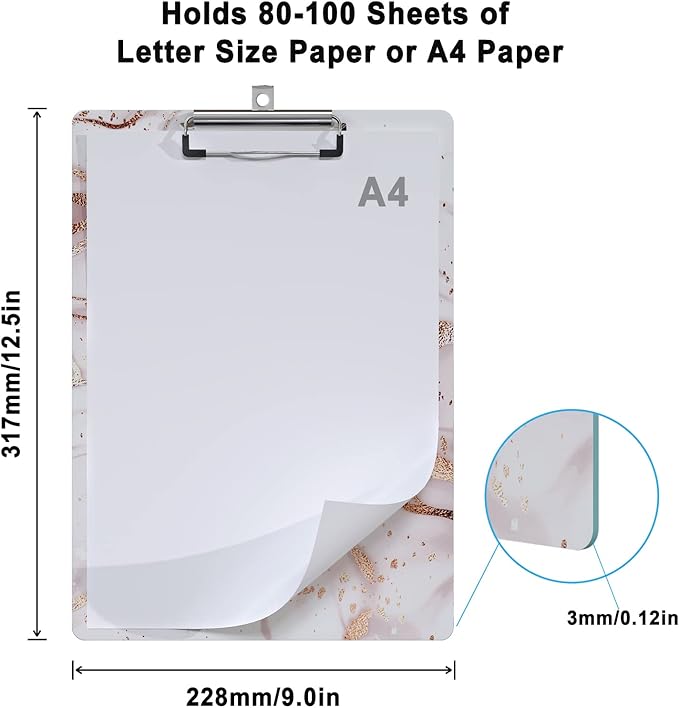Cute Clipboard Wood Design Decorative A4 Letter Size Clip Boards for Classroom Office, Standard Size 9" x 12.5" with Low Profile Metal Clip - Pink Fluid