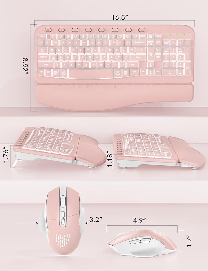 SABLUTE Ergonomic Wireless Keyboard and Mouse Combo - Wave Keyboard with Soft Leather Wrist Rest, Resistant Keys, RGB Backlit Rechargeable Set for PC/Mac/Chromebook (Black) (Pink)