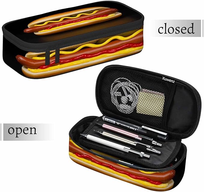 Burger Pencil Case Organizer Sausage Food Delicious Black Stationery Box Makeup Colleague Office Supply for Adults Men Women School Students Boy Girl