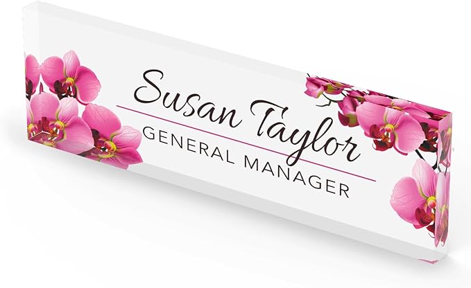 Artblox Office Personalized Name Plate for Desk with Business Card Holder On Clear Acrylic Glass Orchids Flowers Design Custom Desk Name Plate with Your Name and Credentials Customized Gift