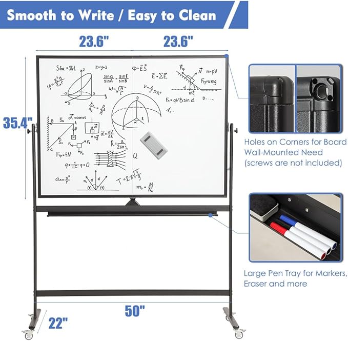 FORTUNO Magnetic Mobile Whiteboard 48"x36", Rolling Double Sided Dry Erase Board with Stand, Reversible Adjustable Height/Angle Easel White Board on Wheels 4' x 3' for Office Classroom Home, Black