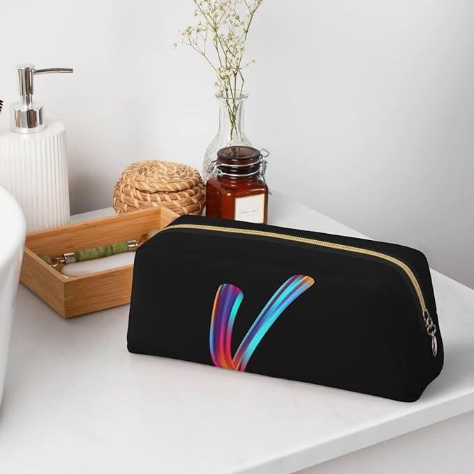 Cute Initial Pencil Case for Kids Simple Leather Pencil Pouch for Boys Girls Letter Design Pencil Box Pen Bag Pencil Pouch Office Stationery Organizer, Rainbow Letter V