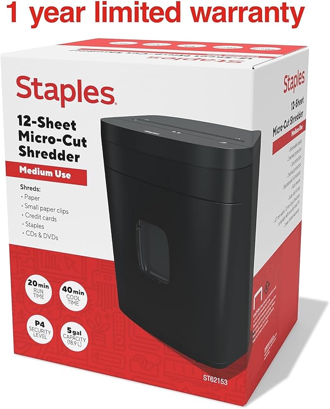 Staples Paper Shredder, 12-Sheet Micro-Cut, Anti-Jam, for Office & Home Use with 5 Gallon Pull-Out Bin, Black