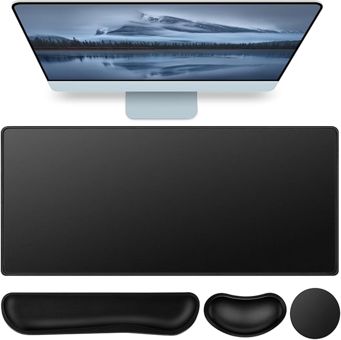 Mouse Pad Black, Mouse Pad with Wrist Rest, 4-in-1 Large Mousepad+Keyboard Wrist Rest+Mouse Pad Wrist Support+Cup Pad Set,Ergonomic Anti-Slip,Memory Foam Desk Mat for Home Office Gaming(35.4×15.7in)