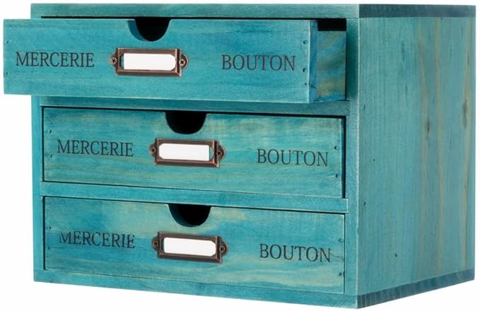 Wooden Storage Box Rustic Desktop Organizer with 3 Drawers Office Desk Accessories Shelf Small Craft Storage Containers Apothecary Cabinet and Chest Jewelry Holder for women(BLUE)
