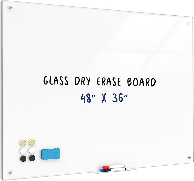 Large Glass Whiteboard, Enhanced Magnetism Glass Dry Erase Board for Wall, 48" x 36" Pure White Tempered Glass Board, 4' x 3' Big White Board for Home, Office, School