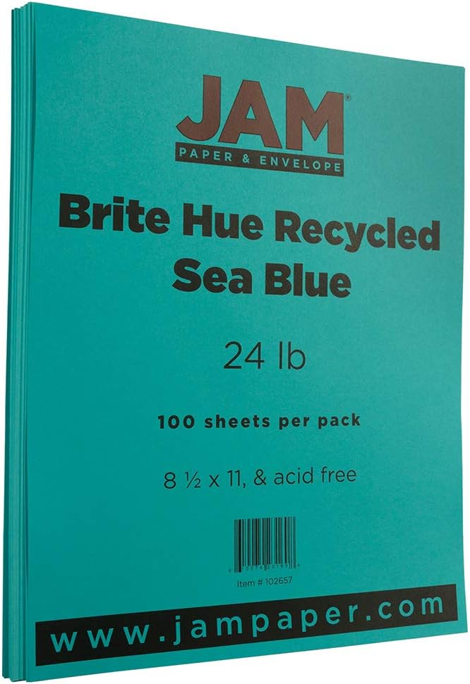 JAM PAPER Colored 24lb Paper - 90 gsm - 8.5 x 11 - Sea Blue Recycled - 500 Sheets/Ream