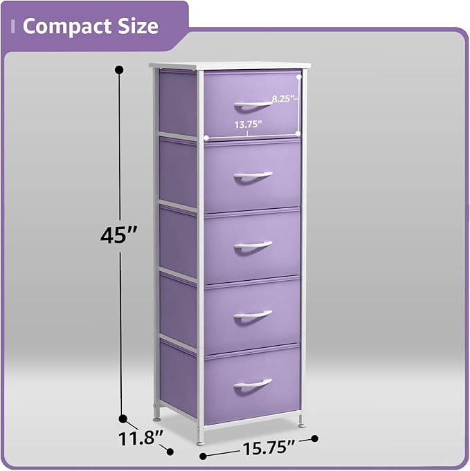 Sorbus Fabric Dresser for Kids Bedroom - Chest of 5 Drawers, Tall Storage Tower, Clothing Organizer, for Closet, for Playroom, for Nursery, Steel Frame, Fabric Bins - Wood Handle (Purple)