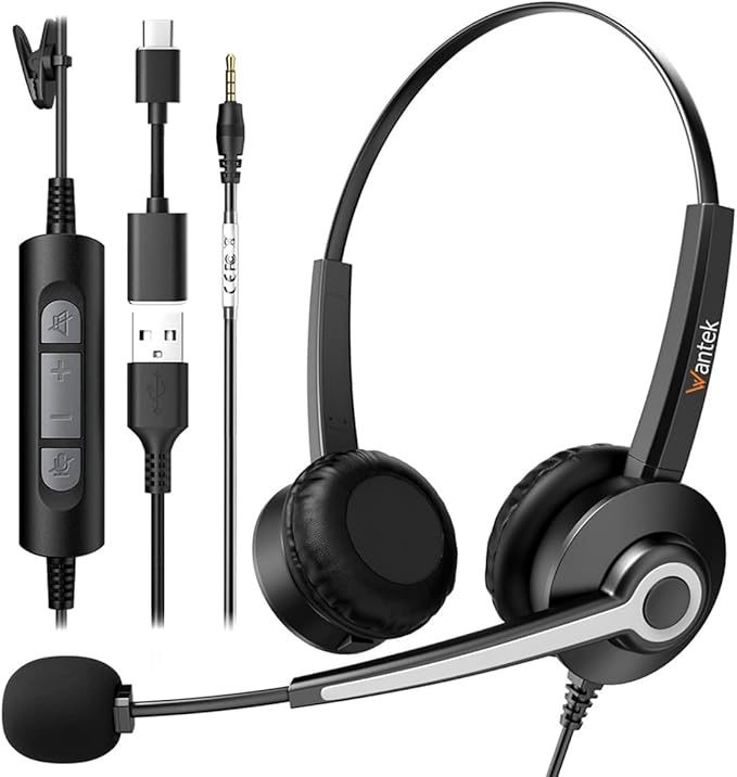 Wantek USB Headset with Microphone for PC, Computer Laptop Headset with Call Answer Button for MS Teams & IP Phones, Lightweight Design & Memory Foam Cushions for All-Day Comfort