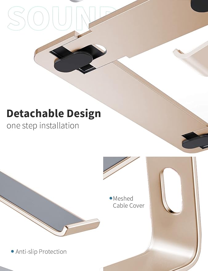 SOUNDANCE Laptop Stand, Aluminum Computer Riser, Ergonomic Laptops Elevator for Desk, Metal Holder Compatible with 10 to 15.6 Inches Notebook Computer, Gold