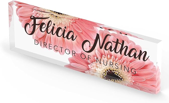Artblox Personalized Office Desk Name Plate and Business Card Holder | Clear Acrylic Glass with Teak Wood Stand | Pink Daises Design Customized with Your Name and Credentials Office Desk Decor