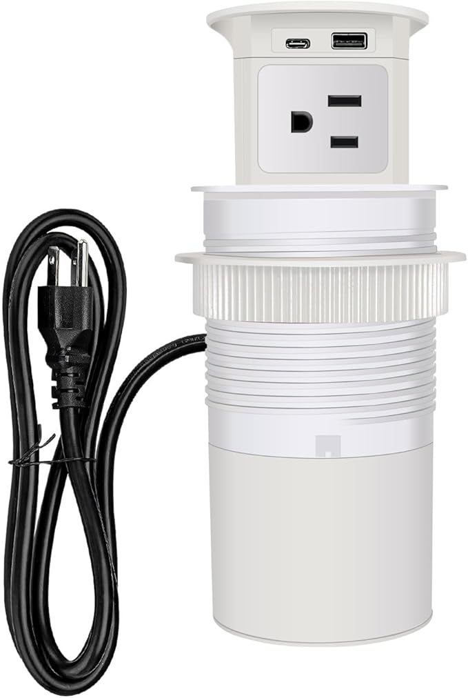 Pop Up Outlet 15W Wireless Charger,with 4 Outlets 1875W USB-C PD20W Super Charging 6.5FT 16AWG Cable 3.86 inch Desk Hole Pop Up Power Outlet for Kitchen Countertop,Office Conference Table (White)