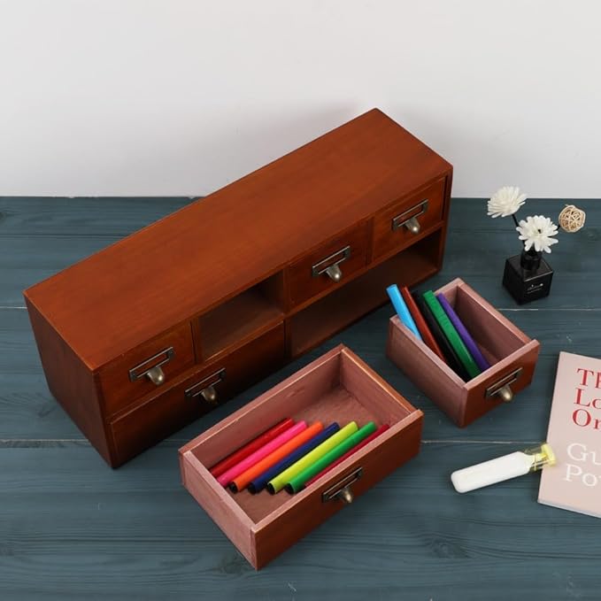 Apothecary Drawers Wooden Storage Box with 6 Drawers Vintage Countertop Wooden Drawers Apothecary Cabinet Library Card Catalog Cabinet （BROWN）