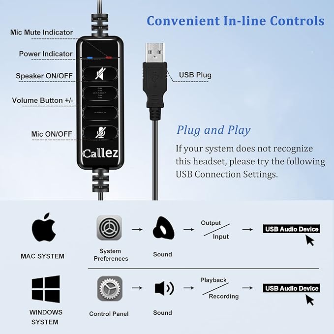 Callez USB Headset with Noise Cancelling Mic & Mute Controls, Mono Computer Headphones for Laptop PC Skype Zoom Webinar Business Call Center Home Office, Clear Chat, Super Lightweight (C500U3)