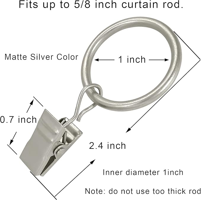 AMZSEVEN 100 Pack Metal Curtain Rings with Clips, Drapery Clips with Rings, Drapes Rings 1 inch Inner Diameter, Fits Diameter 5/8 inch Curtain Rods, Matte Silver