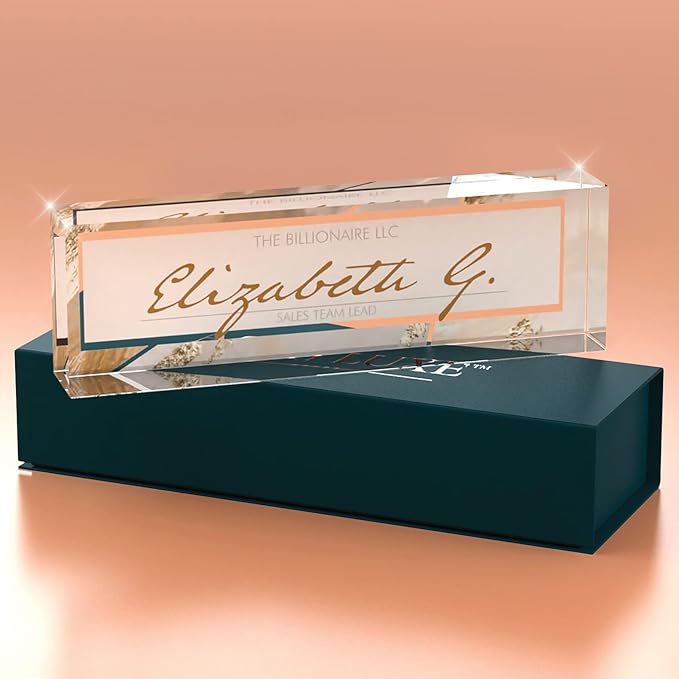 Desk Name Plate Personalized, Custom Name Plates 2½/x8 Inches, Thick Crystal-Clear Acrylic, Gift Box, Office Desk Decor. USA Made by ACRYLUXE (Monique)