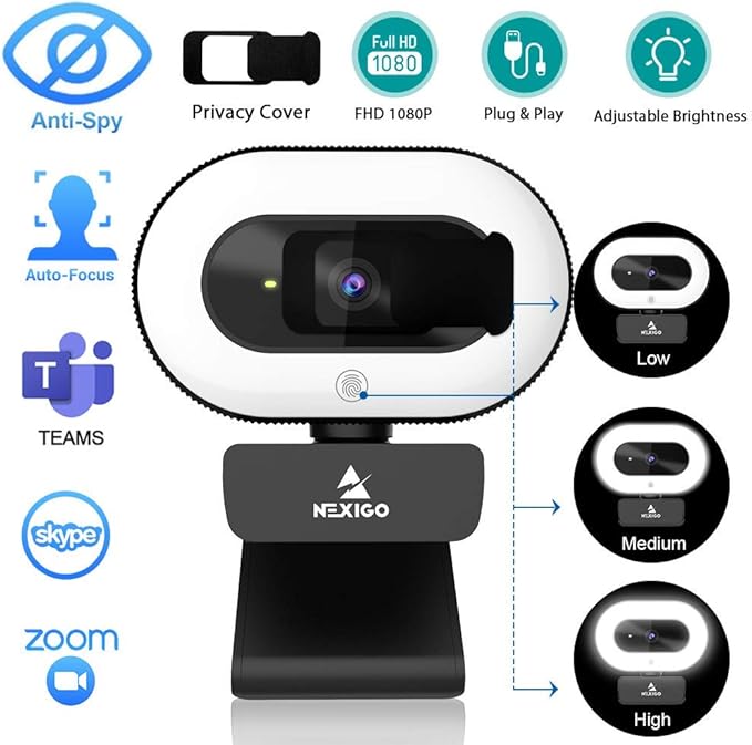 NexiGo StreamCam N930E, 1080P Webcam with Ring Light and Privacy Cover, Auto-Focus, Plug and Play, Web Camera for Online Learning, Zoom Meeting Skype Teams (Renewed)