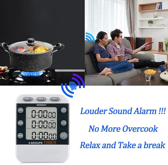 Digital Dual Kitchen Timer for Cooking, 3 Channels Count Down/up Triple Multi Timers for Food, Magnetic Memory-Preset Large-Display Adjustable Alarm Volume, 3A Battery Included