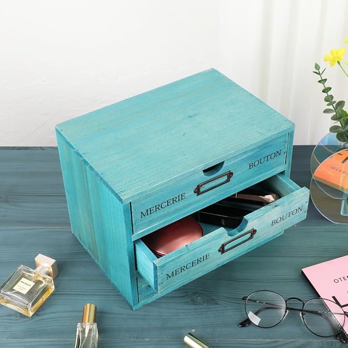 Wooden Storage Box Rustic Desktop Organizer with 3 Drawers Office Desk Accessories Shelf Small Craft Storage Containers Apothecary Cabinet and Chest Jewelry Holder for women(BLUE)