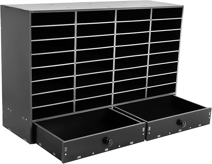 DYRABREST 32 Slot Literature Organizer Adjustable Desktop File Sorter with 2 Drawers, Stackable Office Mail Sorter 32 Compartments Magazine Holder Paper Storage Cabinet for Office Home School