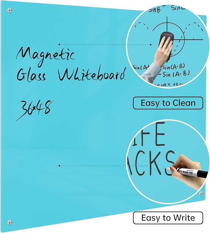 Magnetic Glass Dry Erase Board - White Board 48 x 36 Inch Wall Mounted Glass Whiteboard, Large Frameless Glass White Board for Wall Office, Home & School, Blue