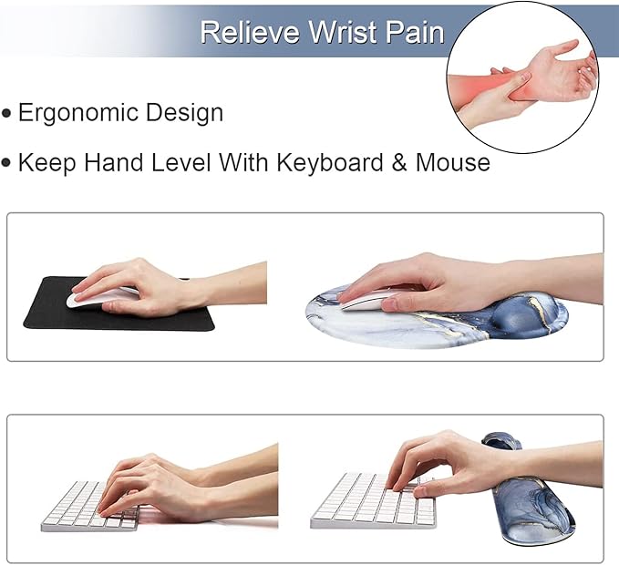 iLeadon Mouse Pad with Wrist Support Keyboard Wrist Rest Set, Ergonomic Mouse Pad with Non-Slip Base for Computer Home Office + Coasters, Easy Typing & Pain Relief Mouse Mat, Dark Blue Marble