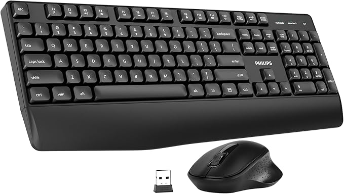 PHILIPS Wireless Keyboard and Mouse Combo-Ergonomic Keyboard and Mouse Wireless Combo with Silent Design,Plug n' Play,Sleep Mode and 2.4GHz Keyboard for Mac, Windows, Laptop-Black