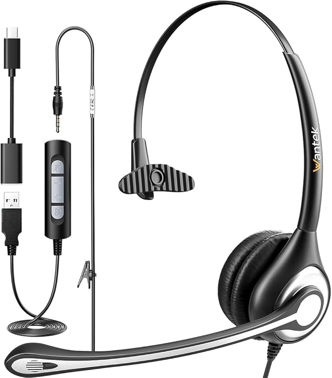 Wantek USB Computer Headset with Microphone for Laptop PC,3.5mm Wired Stereo Call Center Headset with Microphone Noise Cancelling, Corded Desktop Headphones with Mic & Mute