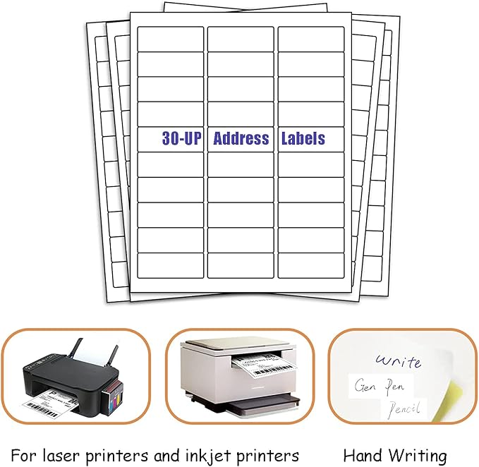 30 UP Labels 1"x2-5/8" Mailing Labels Shipping Address FBA Labels for Laser/Inkjet Printers, White Blank Sticker Name Tags, Printable Address Labels (25 Sheets, 750 Labels)