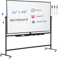 Large Magnetic Mobile Whiteboard 60"x48", Rolling Double Sided Stand Whiteboard on Wheels, Reversible Adjustable Height/Angle Dry Erase Board 5' x 4' Easel White Board for Office Classroom, Black