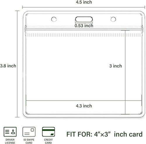 4x3 Inch Horizontal Badge Holder, Clear Plastic ID Card Protector with Waterproof Resealable Zip Type, Badge Sleeve Fits Name Tag Holder/RFID/Proximity/Credit Card (100PCS)