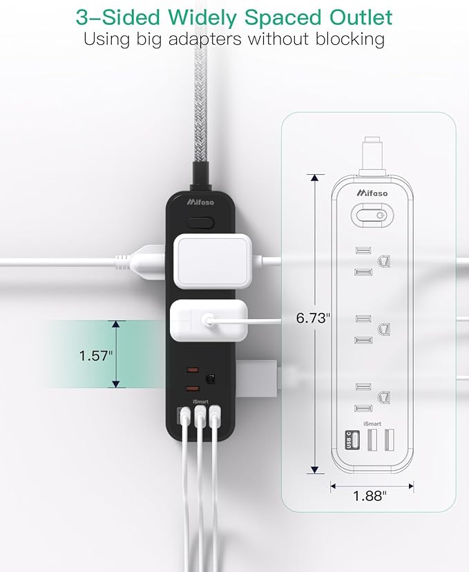 Mifaso Extension Cord, Surge Protector Power Strip, Long Extension Cord with 9 Outlets 3 USB Ports, Extension Cord with Multiple Outlets, USB Power Strip for Dorm Room Essentials, College (25FT,Black)