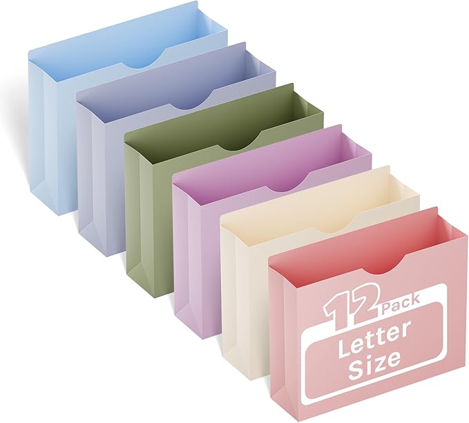 ANSOOK Plastic Manila File Folders Letter Size,12 Pack Expanding File Jackets & File Pockets,Heavy Duty 3" Expansion Manila Pocket Folders with Straight Cut Tab,File Cabniet Folders for Office School