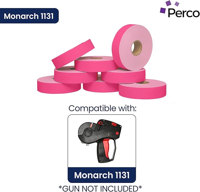 Perco Fluorescent Pink Pricing Labels for Monarch 1131 Price Gun - 1 Sleeve, 8 Rolls, 20,000 Price Marking Labels - with Ink Roll Included
