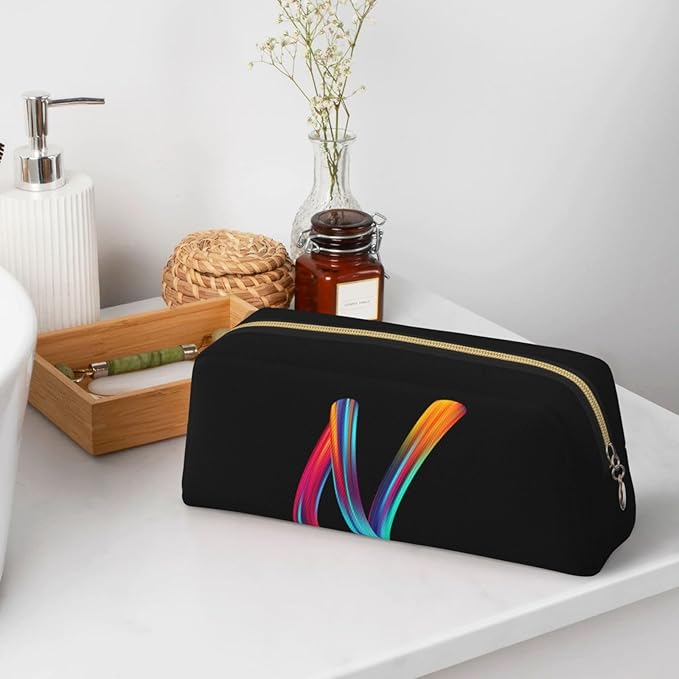 Cute Initial Pencil Case for Kids Simple Leather Pencil Pouch for Boys Girls Letter Design Pencil Box Pen Bag Pencil Pouch Office Stationery Organizer, Rainbow Letter N