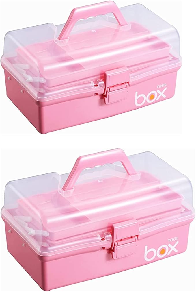2PCS 12'' Three-Layer Clear Plastic Storage Box/Tool Box, Multipurpose Organizer and Portable Handled Storage Case for Art Craft and Cosmetic (Pink)