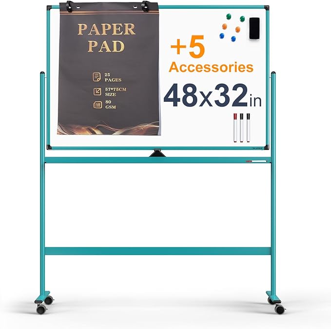 Large Dry-Erase Rolling Magnetic Whiteboard - 48 x 32 Inches Dry Erase Board with Stand Height Adjust Double Sides Mobile White Board Easel on Wheels with 25 Sheets Paper Pad Office, Home & Classroom