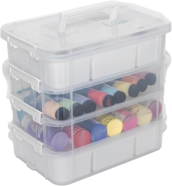Everything Mary Clear 4-Tier Stackable Snap Box – Portable Plastic Craft Organizer for Paint Bottles, Glitter, Beads, Sewing Notions, DIY Supplies – Clear Storage Container with Handle